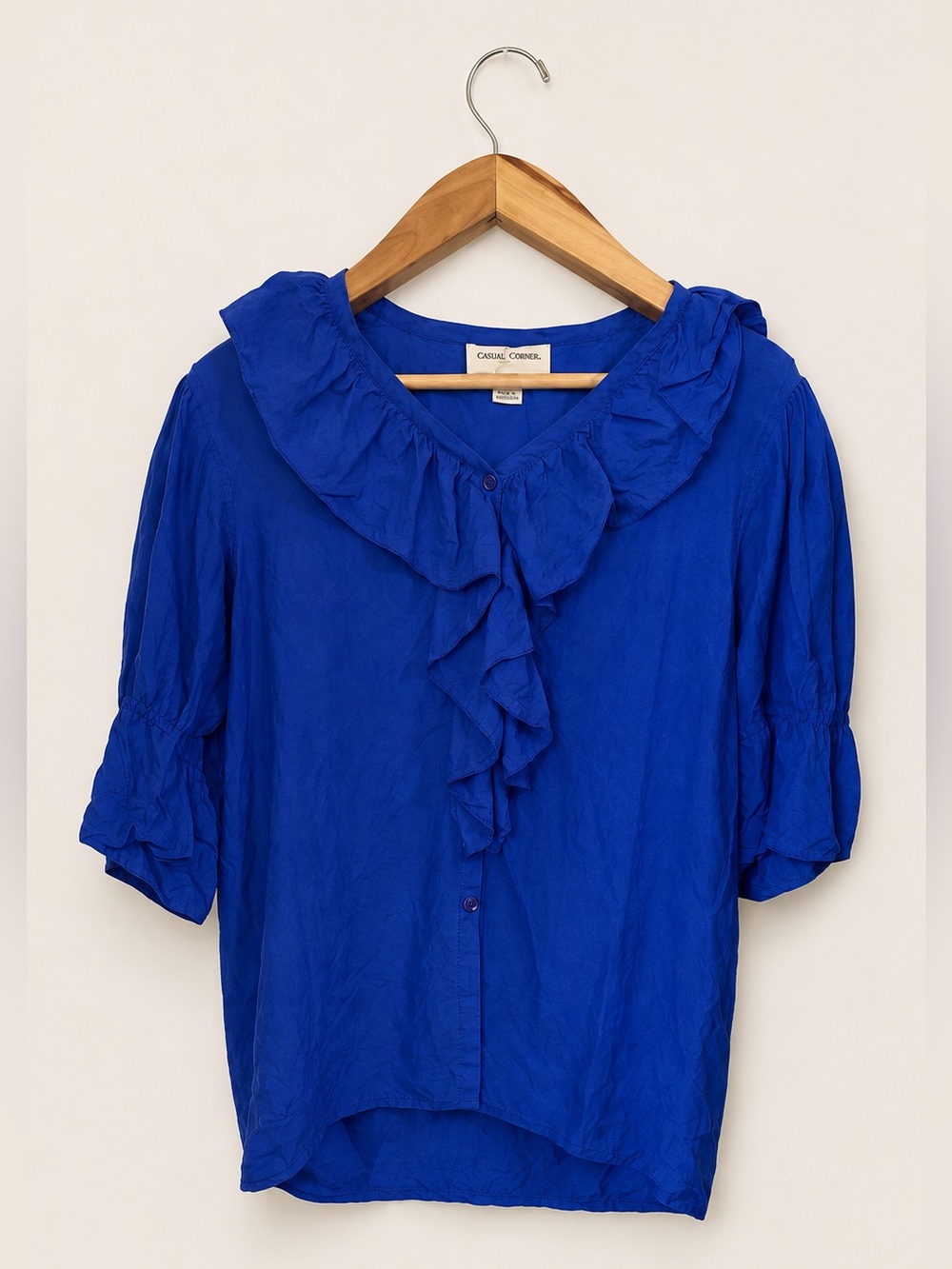 Casual Corner Vintage 90s 100% Silk Cobalt Blue Ruffle Top Renaissance Size L